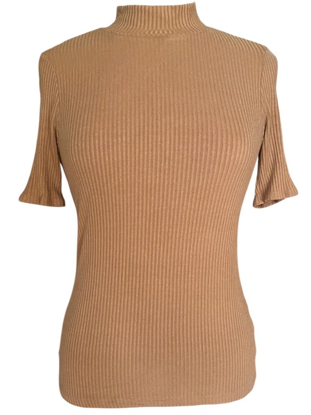Rachel Zoe Camel Ribbed Mock Neck Short Sleeve Top Fitted Capsule Minimalist-M